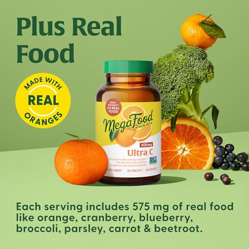 MegaFood Ultra C 400 mg - Vegan Immune Support Supplement with Vitamin C, Made with Real Food Including Broccoli, Carrot, Cranberry & Brown Rice, Gluten-Free, Kosher - 60 Tablets, 60 Servings