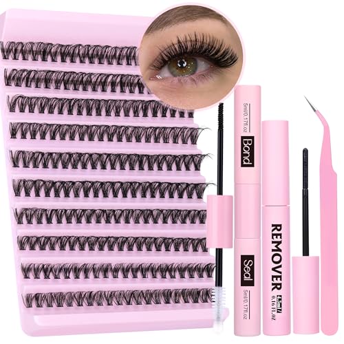 DIY Lash Extension Kit Individual Eyelash Extension Kit 200Pcs Cluster Lashes Kit Eyelash Extension Clusters with Bond,Seal and Lash Extension Remover Lash Tweezers at Home by TNFVLONEINS (Kit,40D)