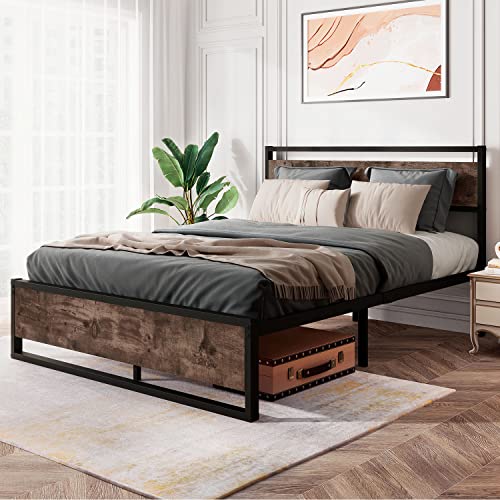 Keureedg Bed Frame with Wooden Headboard, Heavy Duty Metal Platform Bed Frame, Sturdy Metal Slats Support, Non-Slip Without Noise, No Box Spring Needed, Queen/King(Queen)