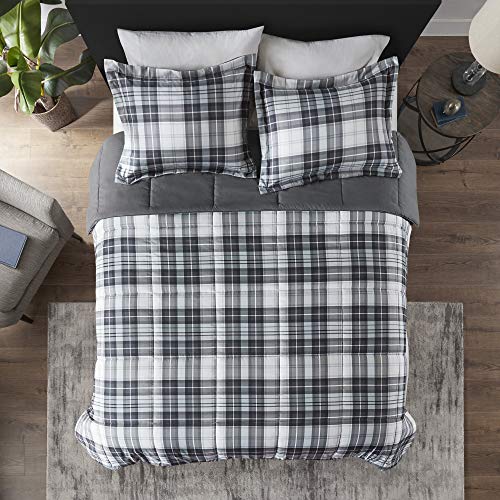 Madison Park Essentials Parkston Plaid Comforter, Matching Sham, 3M Scotchguard Stain Release Cover, Hypoallergenic All Season Bedding-Set, Twin/TwinXL, Black, 2 Piece