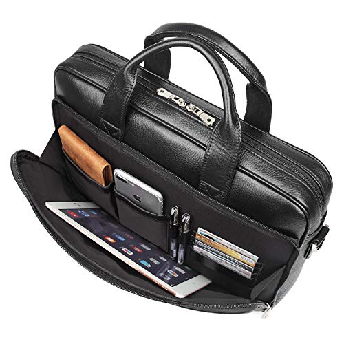 Augus Genuine Leather Messenger Bag for Men Vintage Travel Backpack 14 inch laptop Briefcase Shoulder Bags Black With YKK Metal Zipper