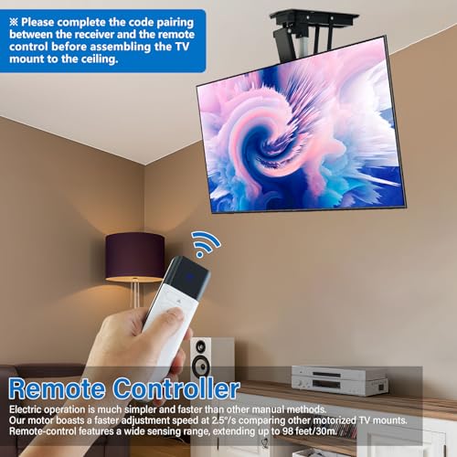 TOPSKY Electric Adjustable Ceiling TV Mount with Remote, Motorized Flip Down Pitched Roof TV Mount for 32 to 70 Inch Flat and Curved Screen TVs (Black)