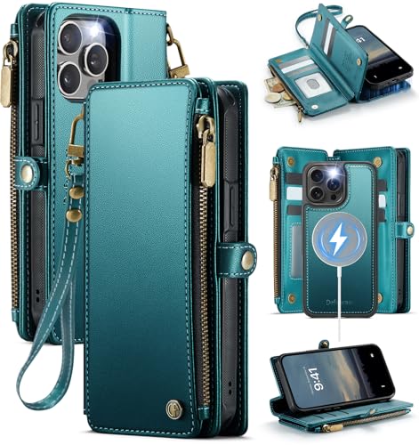 Defencase for iPhone 15 Pro Magnetic Wallet Case Compatible with Magsafe with RFID Blocking Zipper Strap Card Holder for Women, PU Leather Detachable Case for iPhone 15 Pro (6.1 inches), Blue Green