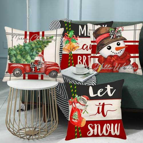 Smilyard Christmas Decorative Pillow Covers 16x16 Inch Set of 4 Merry Bright Christmas Tree Red Truck Snowman Let it Snow Cat Stocking Jingle Bells Decor Winter Pillows Cushion Case for Home Couch