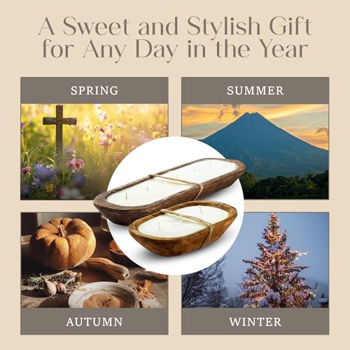Dough Bowl Candle Co. Honeysuckle Jasmine Soy Candle - 6 Wick Rustic Farmhouse Coffee Table Decor, Odor Eliminator in Wooden Bowls, 32 Oz Wooden Dough Bowl Candle, All-Natural Gifts for Women or Men