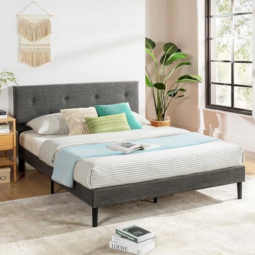 Mellow Alva Upholstered Platform Bed Frame with Button Tufted Headboard and Sustainable Bamboo Slats/No Box Spring Needed/Mattress Foundation/Easy Assembly, Dark Grey, Queen
