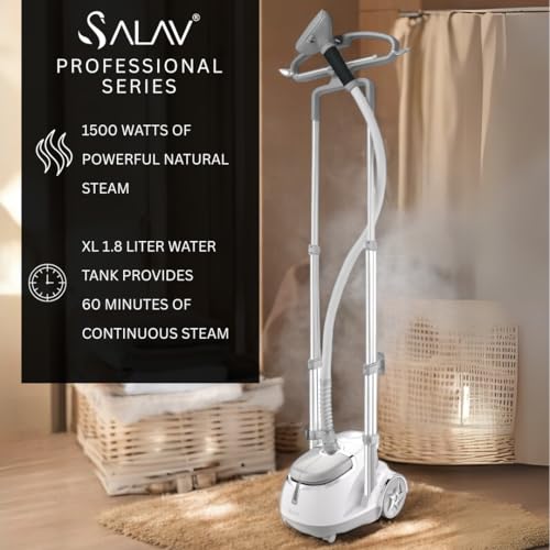 SALAV® Professional Standing Garment Steamer with Retractable Power Cord, Foot Pedal Control, Wheels for Easier Movement (Silver)