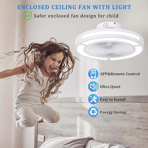 Ohniyou Enclosed Ceiling Fan With Lights,19" Bladeless Ceiling Fan With Lights and Remote,Low Profile Ceiling Fan With Dimmable Led Night Light, Flush mount Ceiling Fan For Bedroom,Living Room