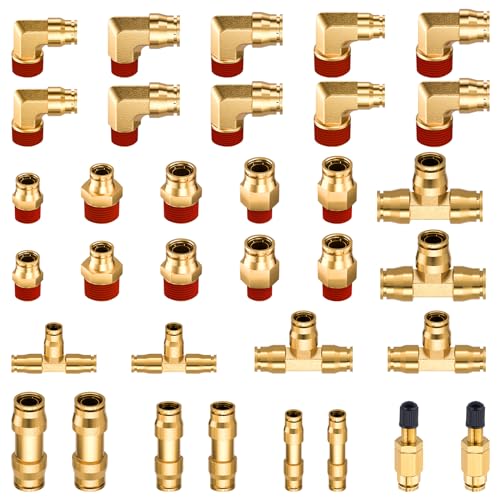 Taiidaues 34 Pcs Brass DOT Air Brake Line Fittings Assortment 1/4" 3/8" 1/2" Air Line Quick Connect Fittings Push to Connect Air fittings Kit with NPT Thread for Semi Trucks or Industrial Air System