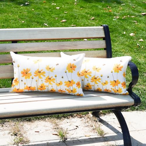 HOMFREEST Spring Summer Pillow Covers 12x20 Set of 2 Farmhouse Daisy Floral Bee Decorations Yellow Patio Outdoor Cushion Case for Sofa Couch Home Decor