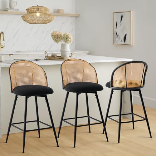 Bekrvio Swivel Bar Stools Set of 4, Mid Century Modern 29" Bar Chairs with Rattan Back and Metal Legs, Upholstered Boucle Fabric Barstools Island Stools for Kitchen Counter, Home Bar, Green