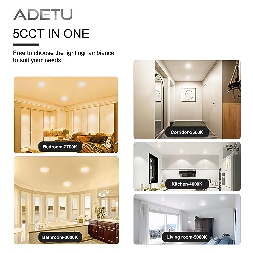 Adetu 6 Pack 4 Inch 5CCT Ultra-Thin LED Recessed Ceiling Light with Junction Box,Dimmable Canless Wafer Downlight,2700K-5000K Selectable,9W Eqv 80W,810LM High Brightness,ETL Certified