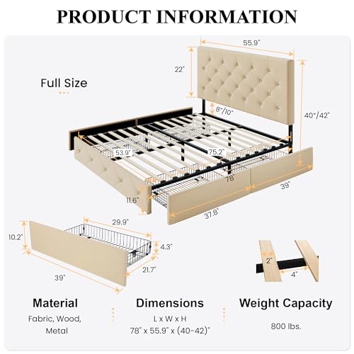 SHA CERLIN Upholstered King Size Platform Bed Frame with 4 Storage Drawers, Adjustable Headboard with Diamond Stitched Button Tufted Design, Wooden Slat Support, No Box Spring Needed, Black