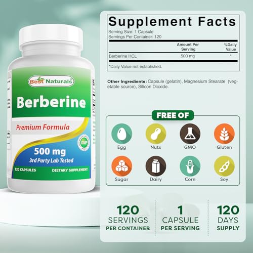 Best Naturals Berberine 500mg 120 Capsules - Supports Immune Function, Cardiovascular & Gastrointestinal Function (120 Count (Pack of 1))