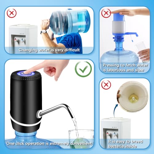 5 Gallon Water Dispenser, Electric Water Bottle Pump with Switch and USB Charging, Portable Automatic Water Dispenser Pump for Camping, Travel, Home, Kitchen, Office