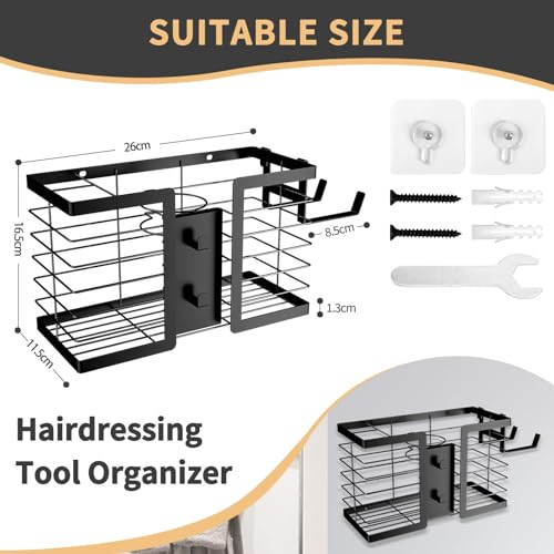 Hair Tool Organizer Hair Dryer Holder, 3 in 1 Metal Bathroom Blow Dryer Organizer Wall Mount for Flat Iron, Curling Iron, Straightener, Hair Care & Styling Tools Storage and Organizer (Black)-2pcs