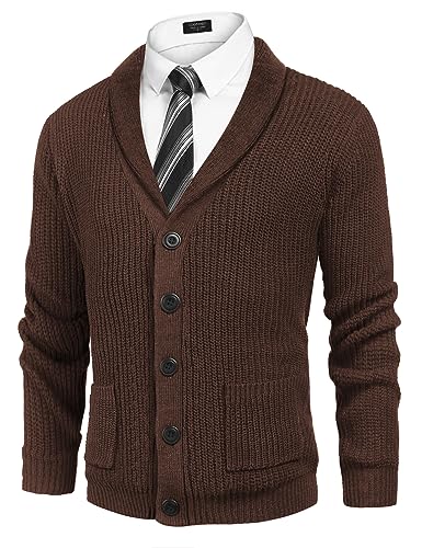 COOFANDY Men's Shawl Collar Cardigan Sweater Slim Fit Cable Knit Button up Sweater with Pockets Purple