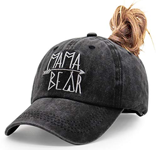 MANMESH HATT Mama Bear Ponytail Hat Vintage Washed Distressed Baseball Dad Cap for Women Black