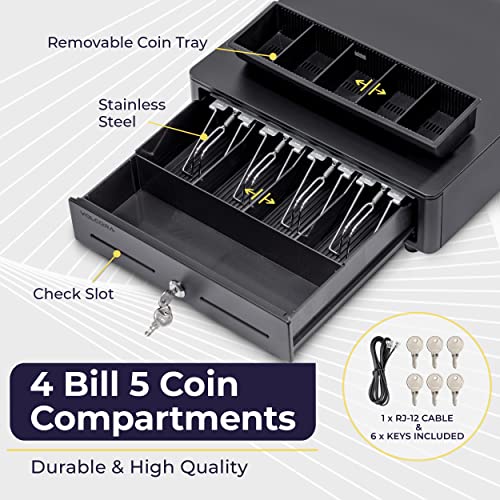 Volcora Cash Register Drawer for (POS) Point of Sale System with Round Corner 13", Removable Coin Tray, 4 Bill/5 Coin, 24V, RJ11/RJ12 Key-Lock, Media Slot,Cash Till for Businesses, Black