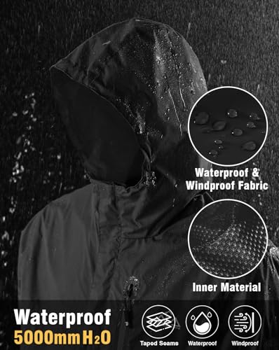 TBMPOY Men's Waterproof Rain Jackets Ligjtweight Hooded Raincoar Running Cycling Hiking Outdoor Windbreaker Black S