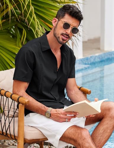 COOFANDY Men's Guayabera Premium Lightweight Embroidered Pleated Cuban Shirt Mexico Style Pink