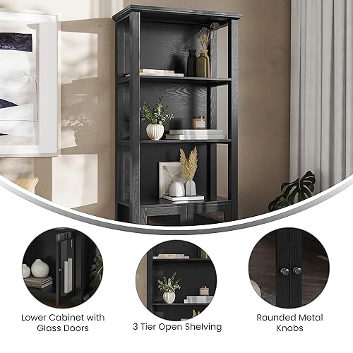 Flash Furniture Stella Modern Farmhouse Wooden Bookcase and Storage Cabinet with Tempered Glass Doors and 3 Upper Shelves, Set of 1, Black