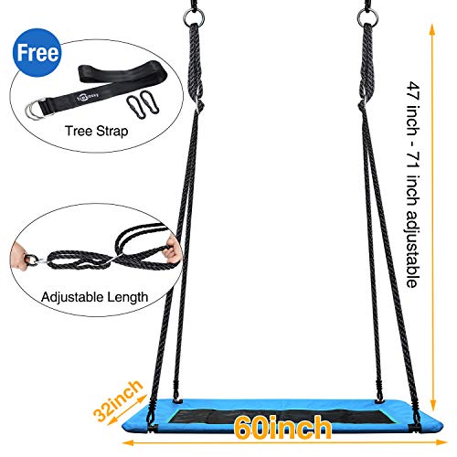 Trekassy 700lbs 60" Rectangle Platform Tree Swing for Kids and Adults Waterproof 2 Hanging Straps (Blue)