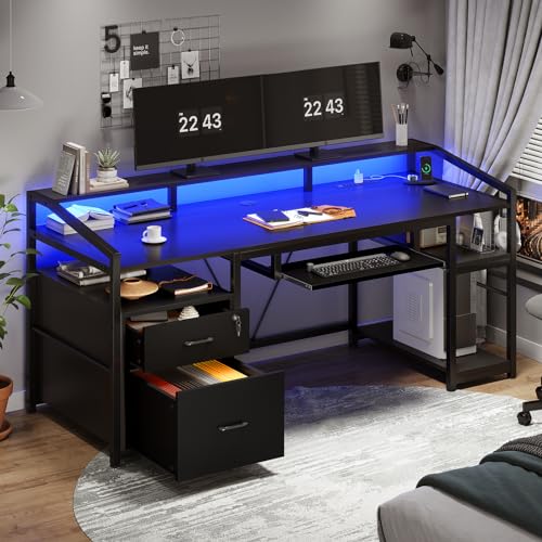 SEDETA 63" Computer Desk, Office Desk with Lockable Drawers for Legal/Letter File, Gaming Desk with LED Lights & Power Outlet, Home Office Desks with Storage, Black
