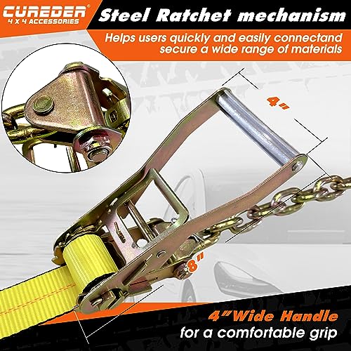 cureder Cureder Car Tie Down Straps for Trailers with Heavy Duty Chain Anchors (4 PK) - 2 Inch x 10 Feet - 3,300 lbs Safe Working Load, Wheel Straps for Hauling Cars,Tire Straps for a Car Trailer