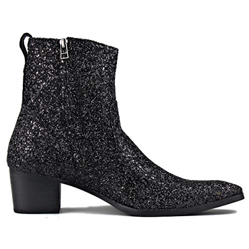 OSSTONE Dress Boot for Men Leather Glitter Chukka Designer Boots Casual Heel Shoes Zipper-up JY009-Silver Black-11.5