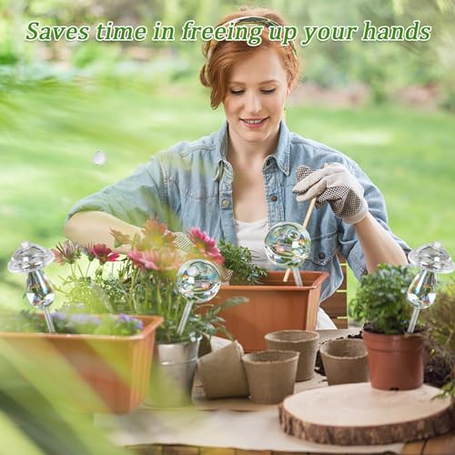 Plant Watering Globes -4 Pcs Self Watering Planter Insert-9 Inch Iridescent Glass Transparent Mushroom Plant Watering Devices- Easy Refill Design With -Indoor and Outdoor Plants Best Giving
