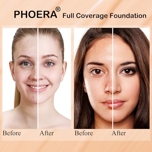 PHOERA Foundation, PHOERA Matte Liquid Foundation,PHOERA Makeup for Women, PHOERA Foundation Full Coverage Concealer, 30ml 24HR Matte Oil Control Concealer (106 - Warm Sun*2)