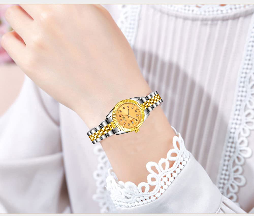 BESTKANG Luxury Womens Quartz Analog Watches Rhinestone Calendar Waterproof Luminous Gold Silver Two Tone Stainless Steel Watches (Silver Gold)