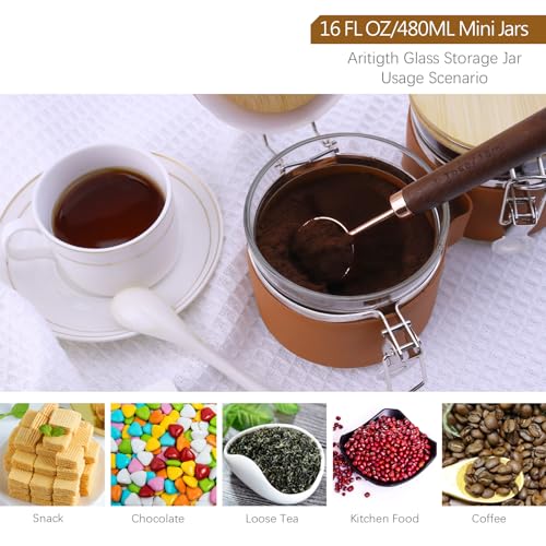Matifaner Glass Storage Jars with Spoon, Kitchen Food Storage jars with spoon, Glass Coffee Nuts Canister with Bamboo Lids, Scoop for Coffee Bean, Ground Coffee,Nuts, Cookie, Flour (16OZ×2)