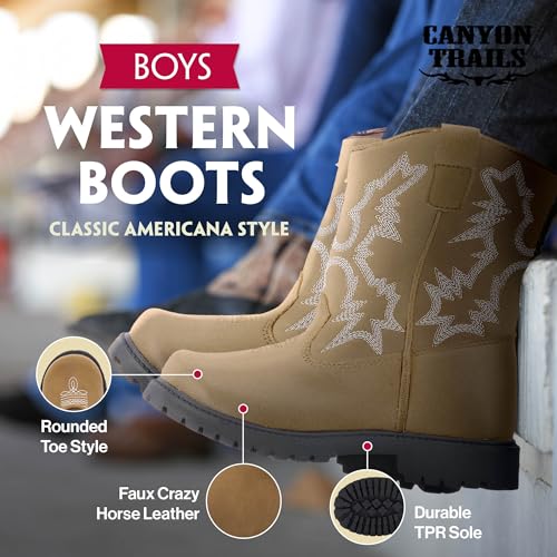 Canyon Trails Premium Kids Cowboy Boots - Comfort Fit, Breathable Cowboy Boots for Boys & Girls, Rounded Toe Style - Durable & Stylish Western Wear, Faux Leather Cowboy Boots for Kids (Brown)