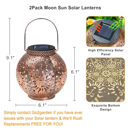 Go2garden 2Pack Solar Lanterns Outdoor Waterproof Garden Gifts for Mom Moon Star Sun Solar Lights for Balcony, Yard,Birthday Mothers Day Gifts for Grandma Wife (Bronze)