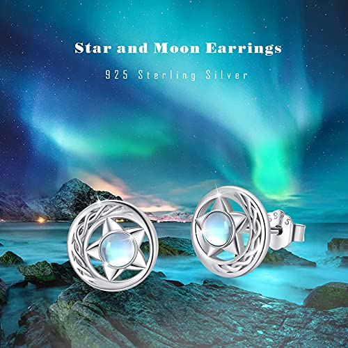 Moonstone Stud Earrings For Women, Sterling Silver Celtic Knot Pentacle Moon Star Hypoallergenic Earrings for Sensitive Ears 4mm Moonstone Jewelry Celtic Gift For Mother Friend