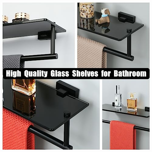 Alise Bathroom Shelves Glass Shelf with Bar,Wall Mount Floating Shelves for Bathroom,1 Tier Tempered Glass Holder Rack Storage Organizer,SUS304 Stainless Steel GOY6380-B Black