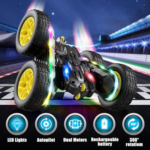 Jimdella Remote Control Car,RC Cars with sides light strip and Headlights,Double Sided 360 Flips Rotating RC Stunt Car,2.4Ghz All Terrain Toys for Ages 4-6 Kids Toy for Boys Girls Birthday Gift(black)