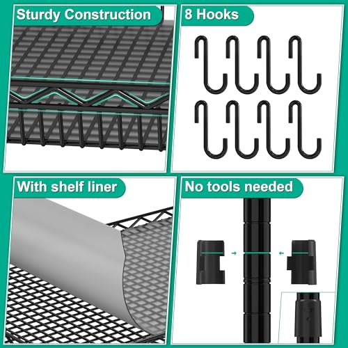 Folews Heavy Duty Rolling Cart with Wheels, 3 Tier Commercial Grade Utility Cart Metal Kitchen Storage Trolley Wire Cart Food Storage Cart Service Cart with Handle Bar & Shelf Liner, Black