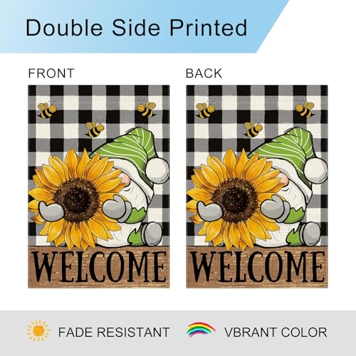 DLZDN Sunflower Gnome Garden Flag 12×18 Inch Double Sided Buffalo Plaid Farmhouse Welcome Yard Flag Spring Summer Seasonal Outdoor Decor