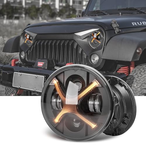 OFFROAD GAMERS X-Style 7 Inch LED Headlights with Hi/Lo Beam, DRL and Amber Turn Signal 2PCS Bright Round Projector Headlights Compatible with Wrangler JK TJ LJ 1997-2018, DOT Approved