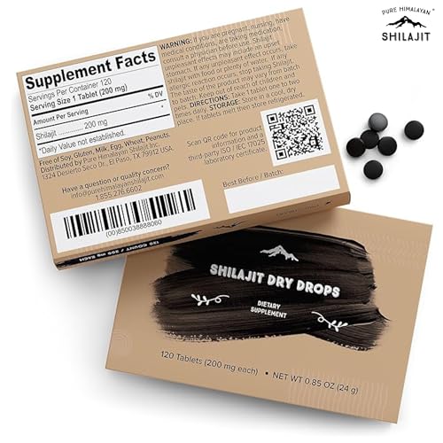 Pure Himalayan Shilajit Dry Drops, 100% Pure Natural Shilajit, Grade A, Max Potency 85+ Clean Trace Minerals & Fulvic Acid for Energy, Metabolism & Immune Support Supplement for Men & Women (60 tabs)