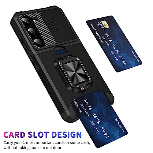 Mavis's Diary Galaxy S24 Kickstand Case, Heavy Duty Shell with Slide Camera Cover, Rotatable Ring Holder Stand, Shockproof Rugged Protective Case for Samsung Galaxy S24 (Black)