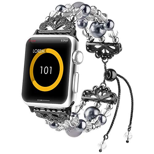 TOMAZON Beaded Bracelet Compatible with Apple Watch Band 38mm 40mm 41mm Series Ultra 8 7 6 SE 5, Glitter Crystal Pearl Elastic Stretch Adjustable iWatch Wristbands for Women Girls(Blue/Silver)