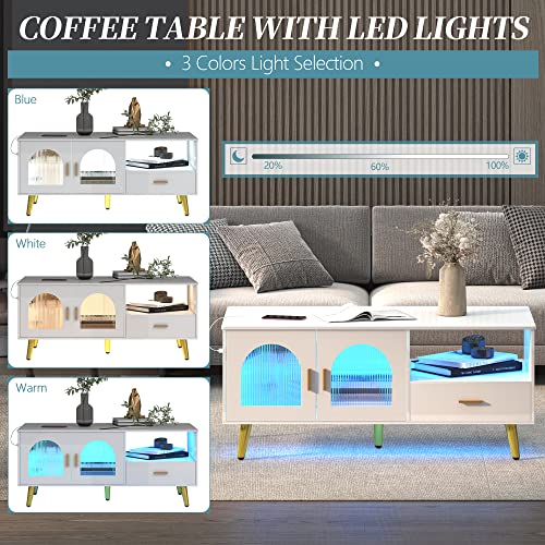 LVSOMT Black Coffee Table with LED Lights, Modern Center Table with Charging Station, High Glossy Accent Furniture for Living Room