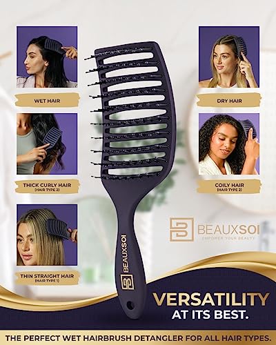BEAUXSOI Vented Hair Brush Detangler | Hair Detangling Shower Brush | Curved Vent Brush for Blow Drying| Wide Frame Detangling Brush for Thick Coiley or Straight Hair (Empowered Purple)