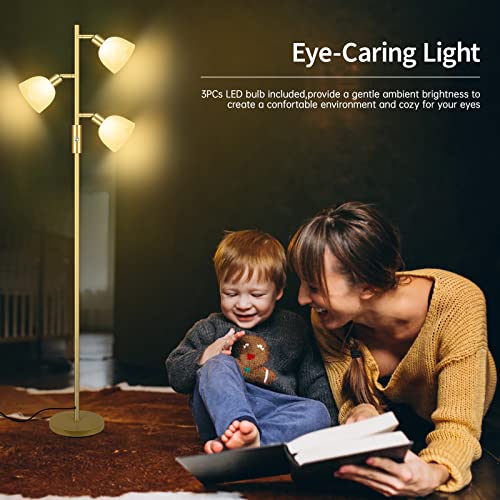 BoostArea Floor Lamp, Standing Lamp, Gold Torchiere Floor Lamp with 3 Adjustable Rotating Lights, 3 Way Switch, 3PCs E12 4W LED Bulb Included, Metal Pole Lamps for Living Room, Bedroom, Home, Office