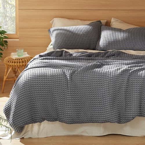 Bedsure Cooling Waffle Duvet Cover Queen - Cotton Blend Rayon Derived from Bamboo Duvet Cover Ser for Hot Sleepers, Breathable Bedding Set with a Vintage Charm, 3 Pieces (Charcoal, Queen, 90"x90")