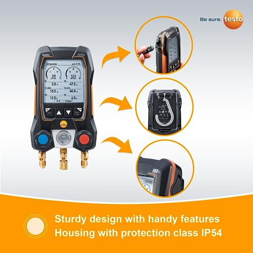 testo 550s AC Manifold Gauge Set – Manifold Gauges Hvac and Refrigeration – Incl. 2x testo 115i Pipe Clamp Thermometer, 1x testo 552i Micron Gauge and a Set of 3 Hoses – with Bluetooth